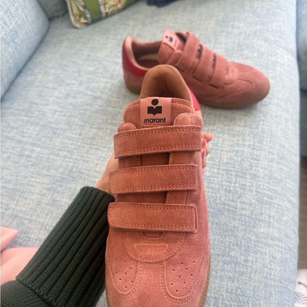Worn ONCE like new Isabel Marant Pink Suede Velcro Sneakers with Red Accent - Picture 2 of 7